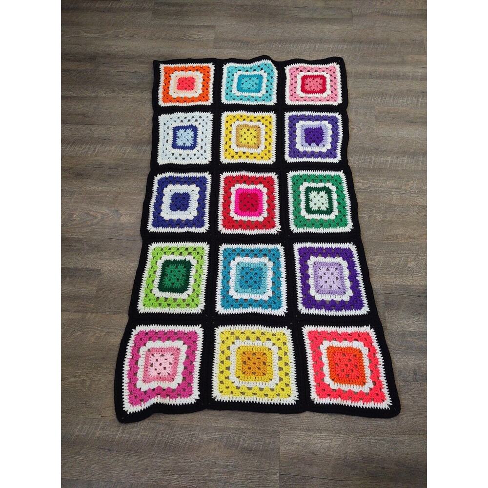 Crocheted Granny Square Throw Blanket Afghan 32x54 MCM Black Frame